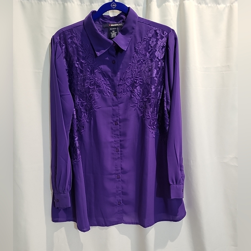 Denim 24/7  Purple Floral Lace Button Down Blouse Size 18W
